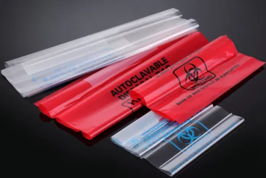 Saco para autoclave, 415X600mm, vermelho, com etiqueta de risco biológico e material de laboratório com painel branco